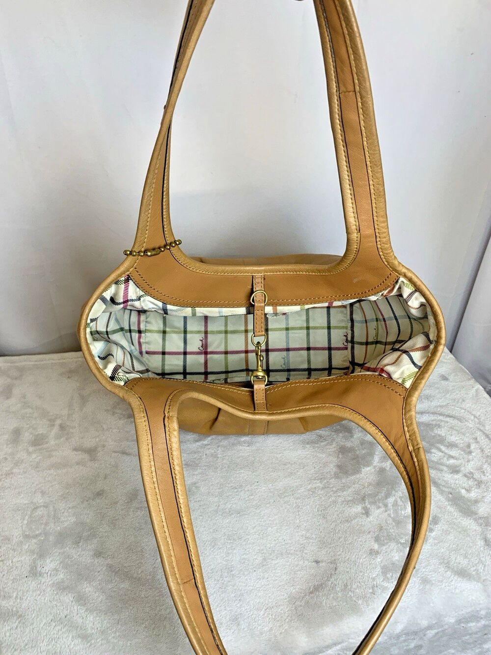 Coach Pleated Ergo Tote #12240 Tan Leather Tattersall Lining 2008 Shoulder Bag - Picture 13 of 16